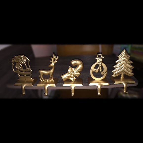 5 Vintage Gold Tone Christmas Stocking Hangers Fireplace mantle hooks Santa Deer